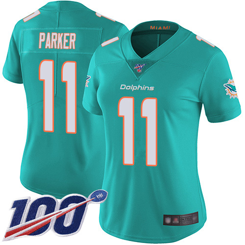 Nike Miami Dolphins 11 DeVante Parker Aqua Green Team Color Women Stitched NFL 100th Season Vapor Limited Jersey